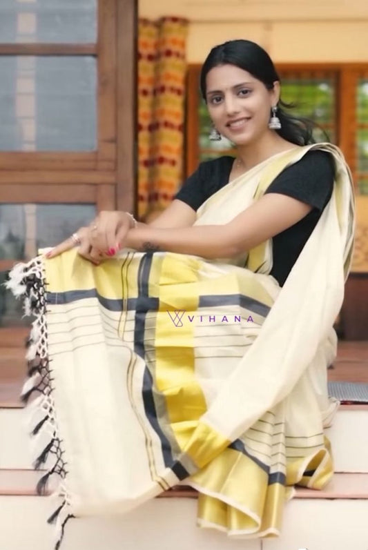 Cotton Handloom Set Saree with Gold Zari and Black Kara Border