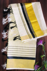 Cotton Handloom Set Saree with Gold Zari and Black Kara Border