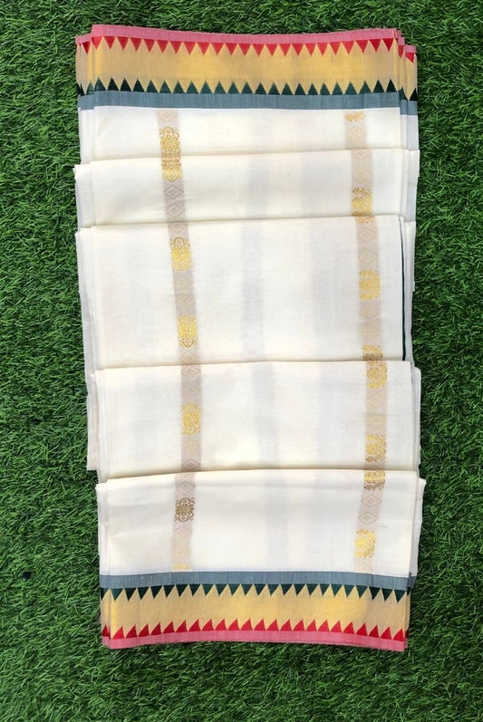 Classic Kerala Kasavu Set Saree with Multicolour Temple Border