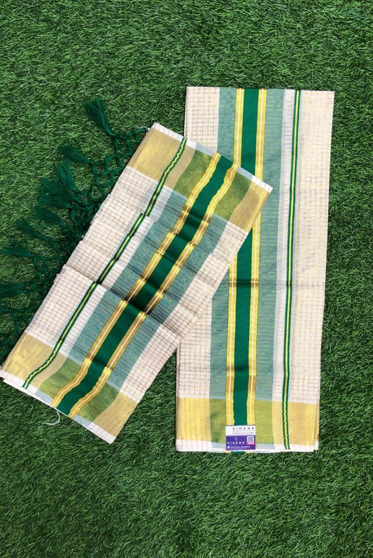 Classic Kerala Set Mundu with Green and Gold Border