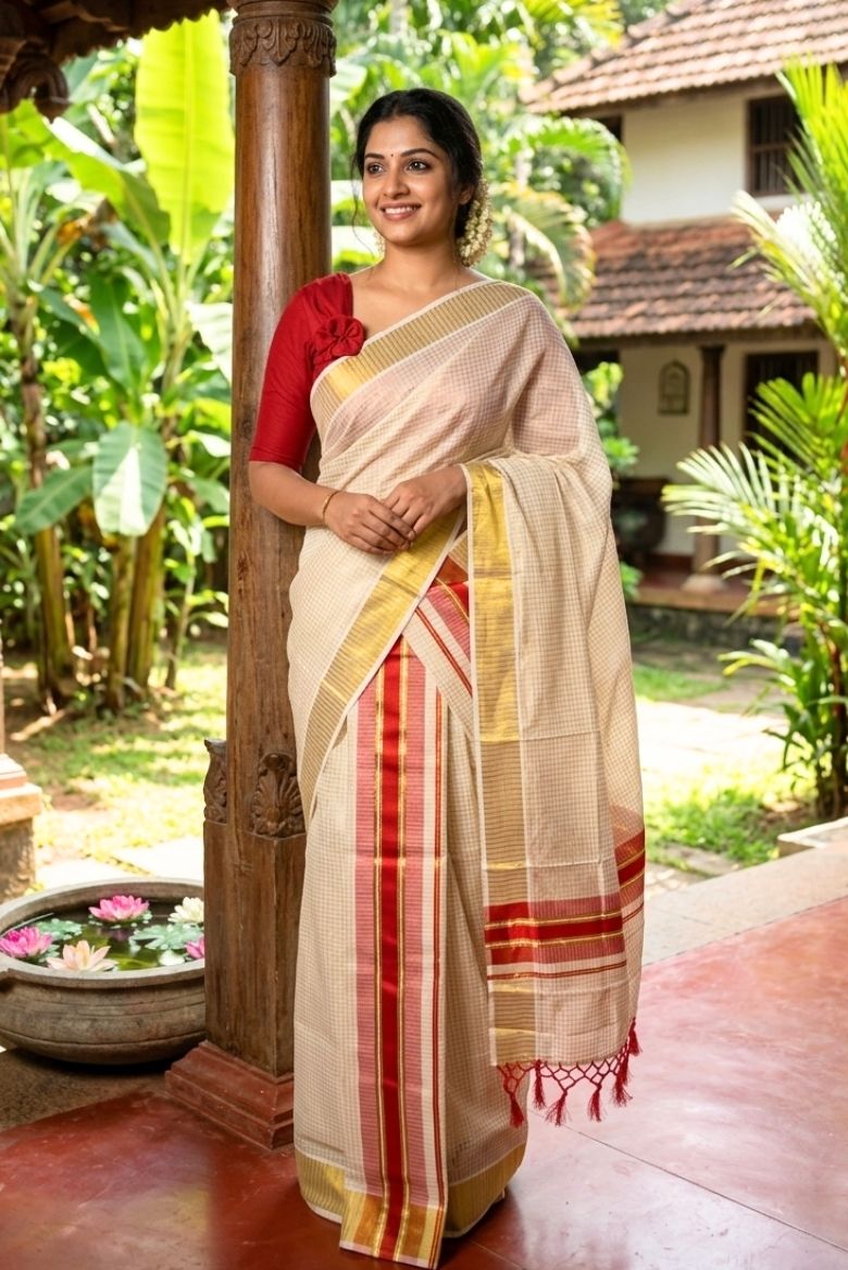 Classic Kerala Set Mundu with Red and Gold Border