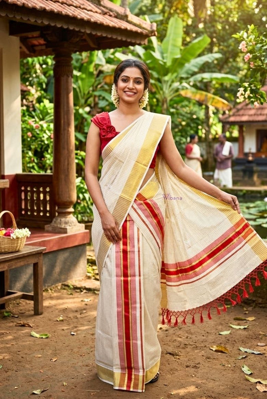 Classic Kerala Set Mundu with Red and Gold Border