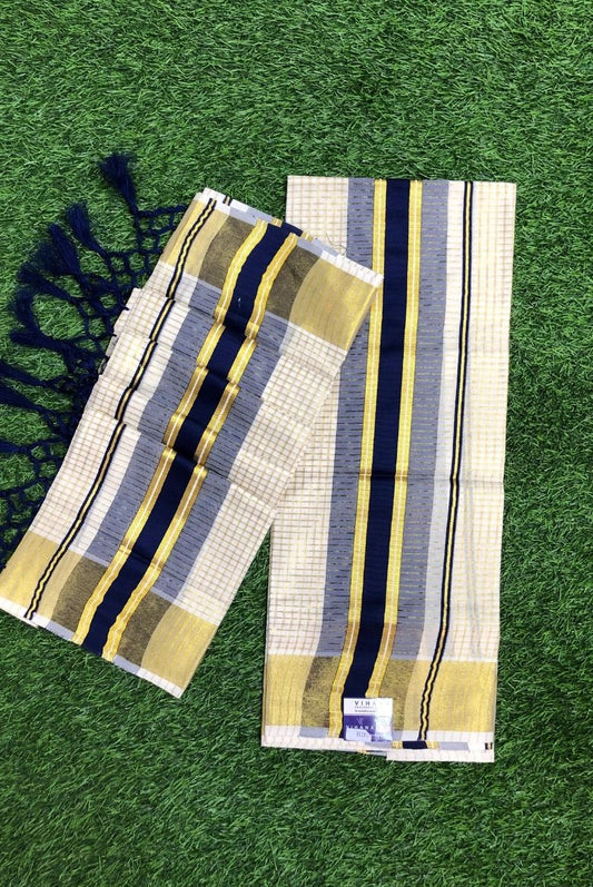 Classic Kerala Set Mundu with Navy Blue and Gold Border
