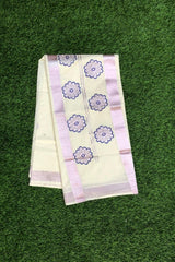 Cotton Set Saree with Rose Gold Zari Border and Floral Embroidery