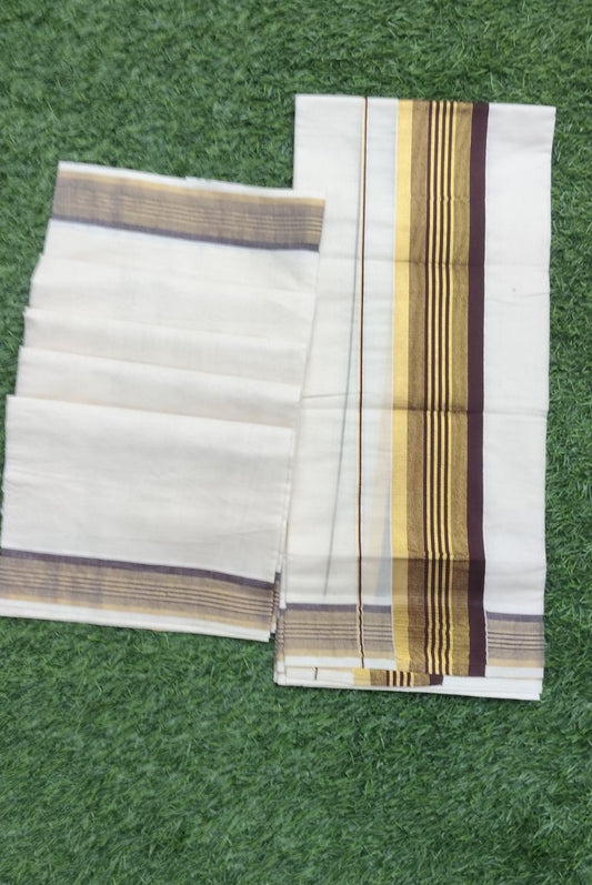 Classic Off-white Set Mundu with Golden and Brown Kasavu Border