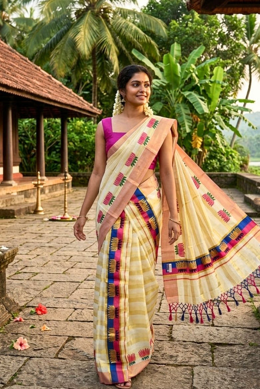 Lotus Printed Kerala Tissue Cotton Set Mundu