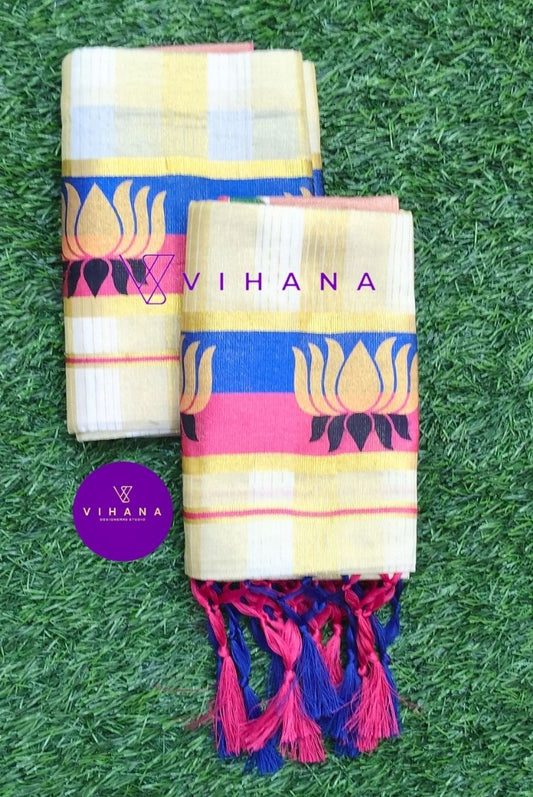 Lotus Printed Kerala Tissue Cotton Set Mundu