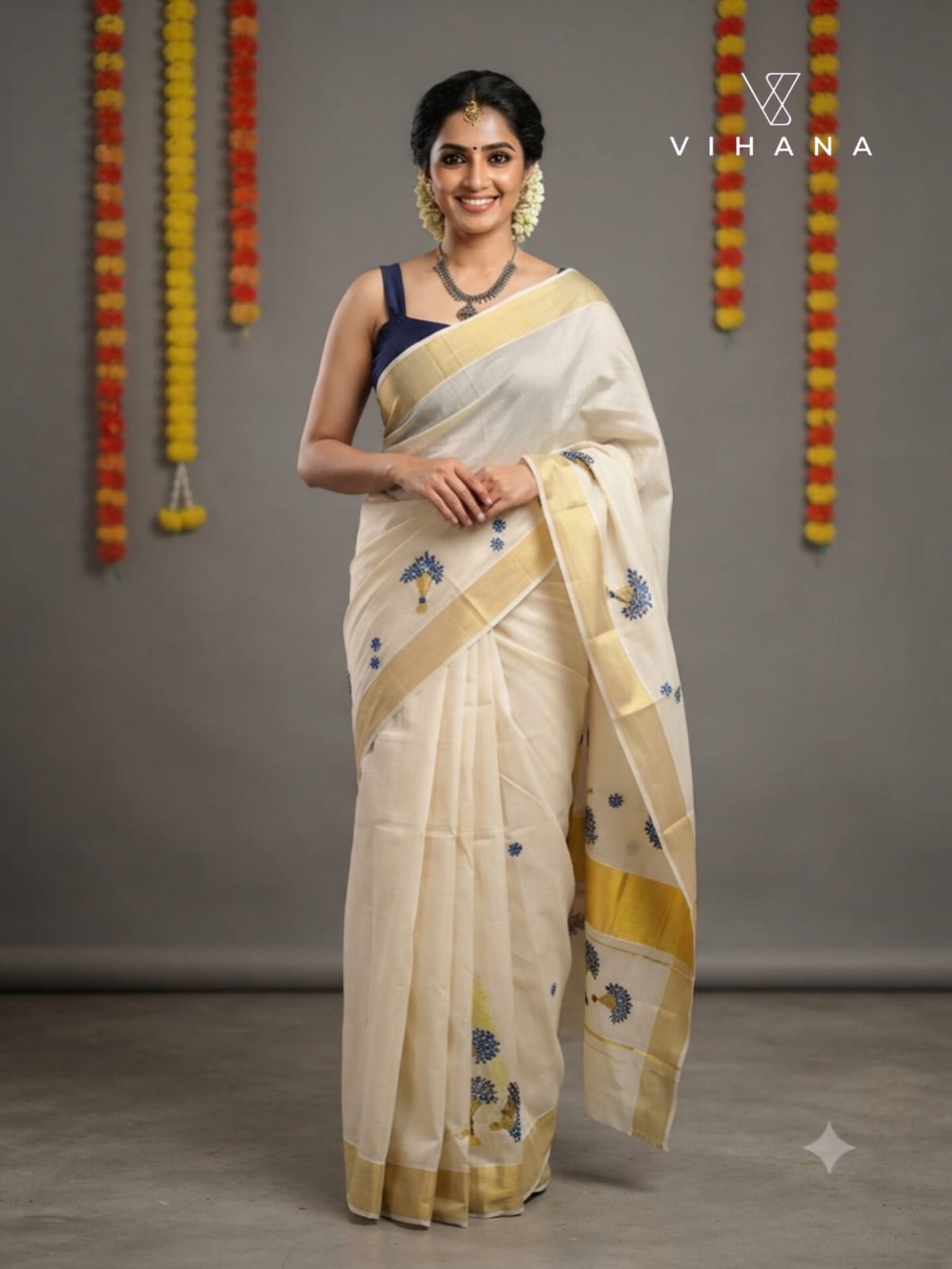 Golden Tissue Set Saree with Floral Bouquet Embroidery-VS079